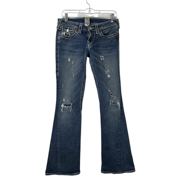 Vintage True Religion Rainbow Joey Jeans Womens 28 Low Rise Flare USA Distressed - Picture 9 of 16